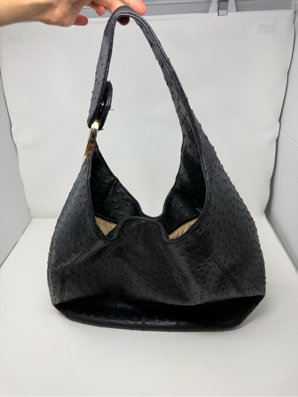 Michael Kors Black Ostrich Leather Hobo Bag Gold MK Logo Shoulder Purse - Picture 4 of 14